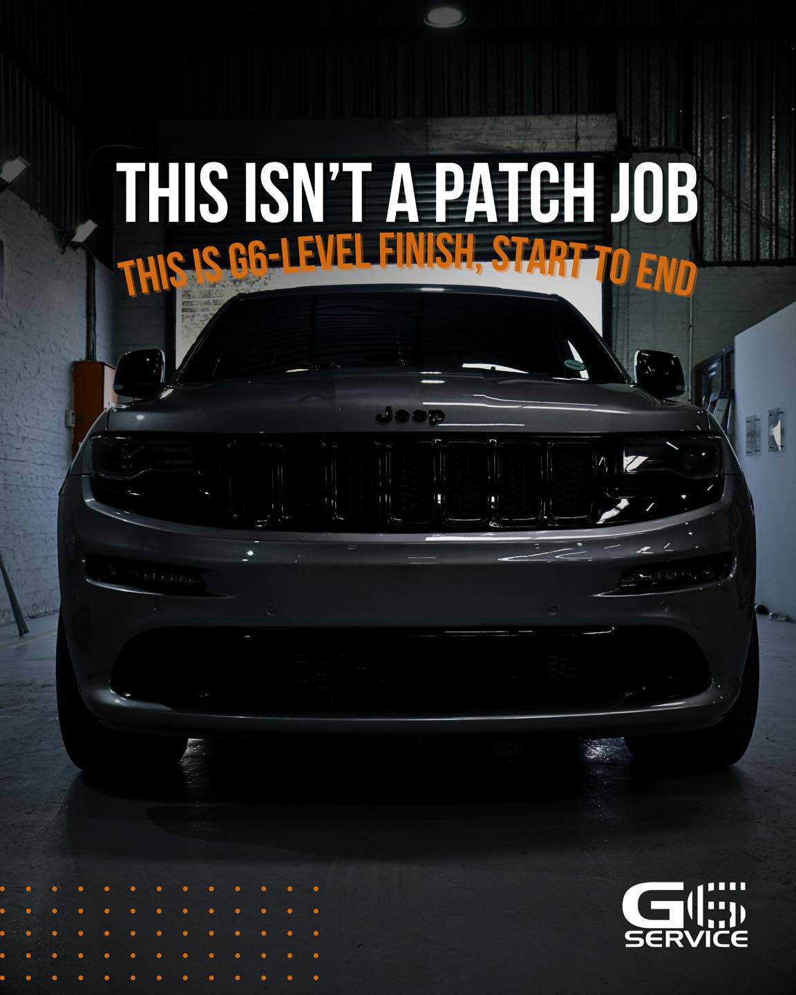G6 Service branded vehicle feature graphic shot inside the workshop
